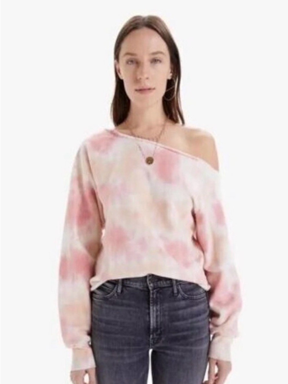 MOTHER Landslide One Shoulder Crop Sweatshirt Pink Peach Tie Dye Raw Hem M